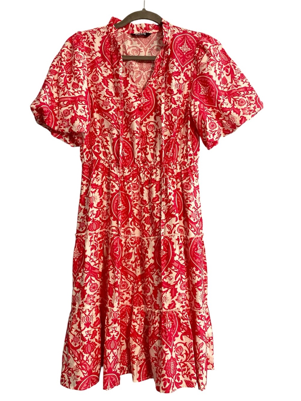 BTFBM Pink White Paisley Floral Tiered V-Neck Flowy Midi Puff Sleeve Dress Sz S